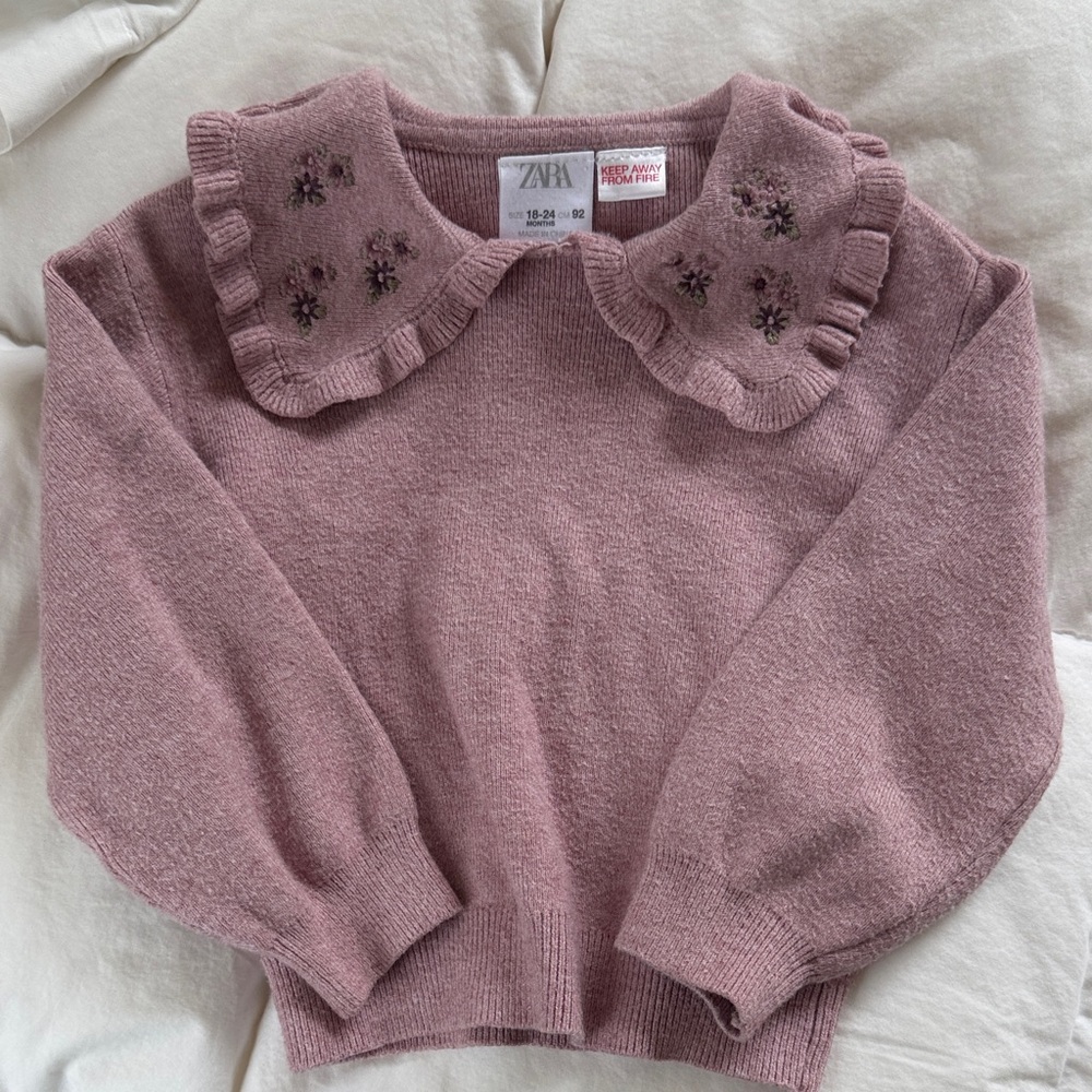 Zara Kids Pink Sweater with Embroidered Collar